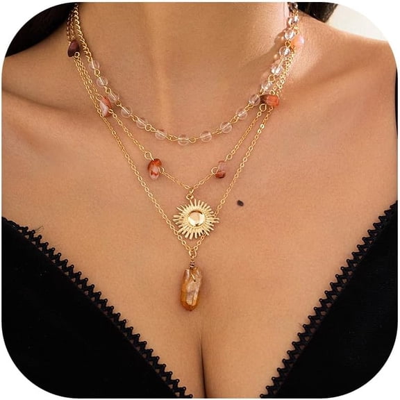 Renaissance Necklace Crystal Sun Moon Star Fairy Pendant Rhinestone Long Layered Dainty Necklace for Women Statement Medieval Jewelry Gift