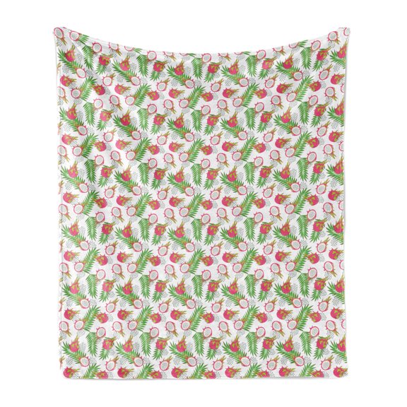 Fruits Soft Flannel Fleece Blanket, Dragon Fruit Branches Tropical Season Palm Leaves Summer Illustration, Cozy Plush for Indoor and Outdoor Use, 50" x 70", Hot Pink Green and White, by Ambesonne