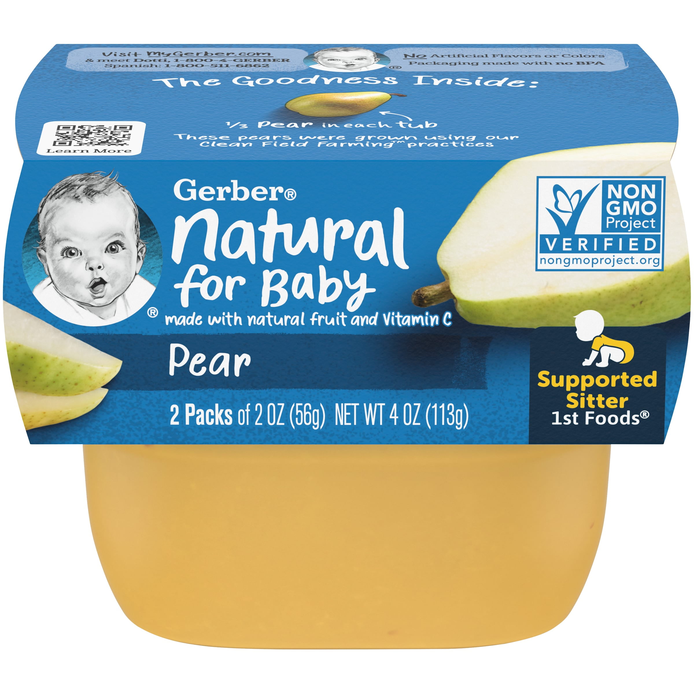 Gerber Natural Stage 1 Baby Food, Pear, 2 oz Tubs (16 Pack)