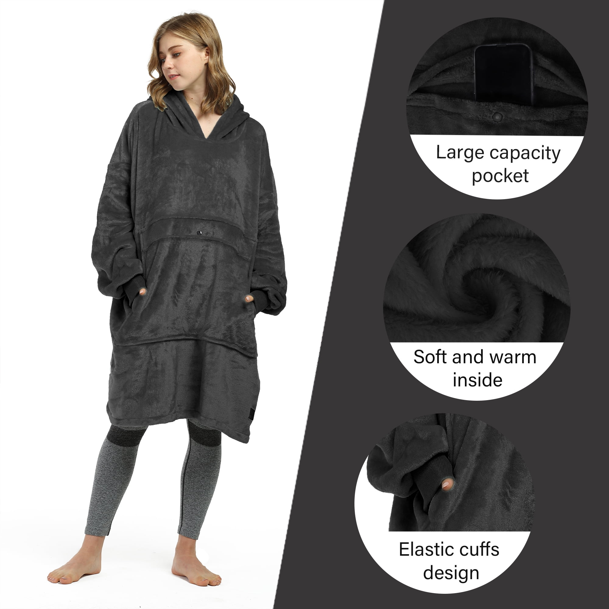 Catalonia Womens' Full Body Blanket Hoodie Sweatshirt, Extra Long Wearable Fleece Pullover, Gift for Adult Men Women Wife Girlfriend, Black