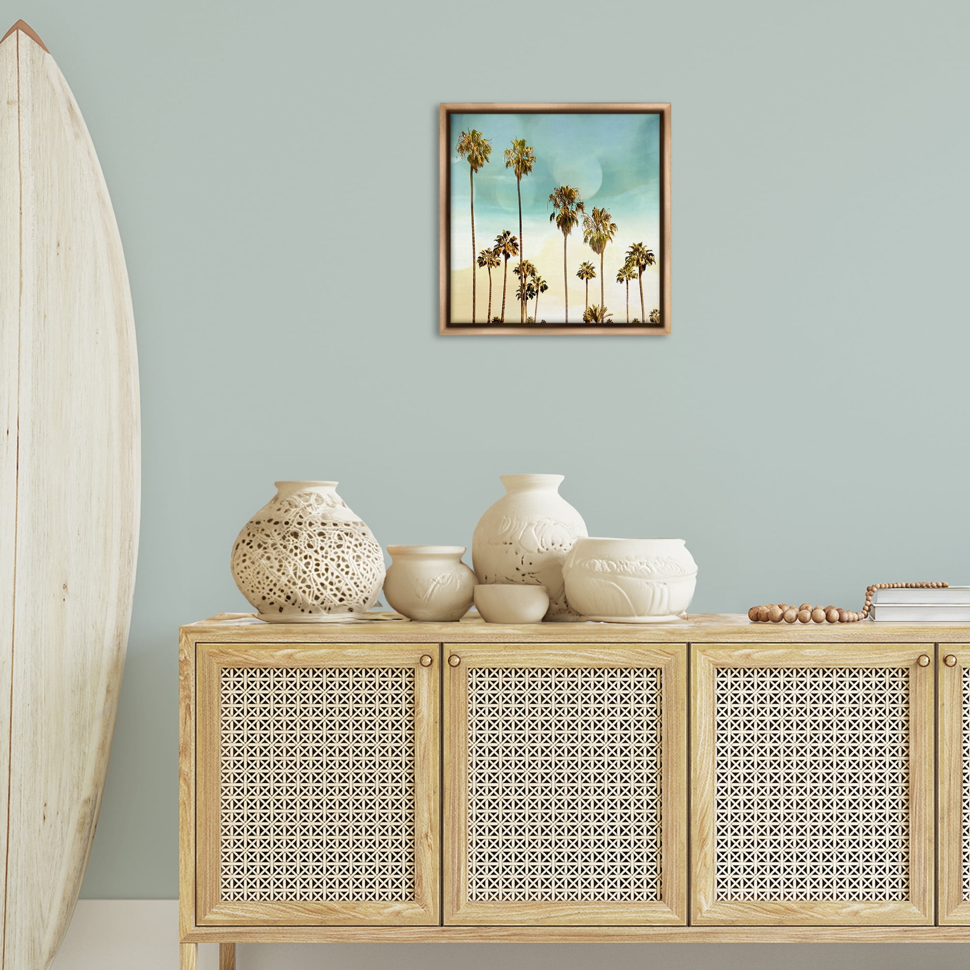 Stupell Industries Palm Tree Beach Sky Nautical & Beach Painting Brown Floater Framed Canvas Art Print Wall Art, 18 x 18
