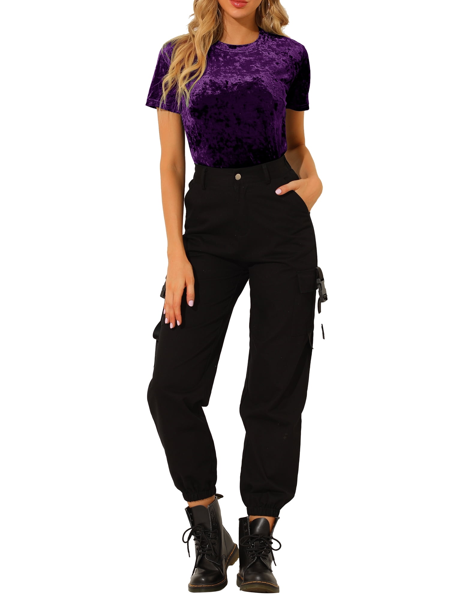 DARING DIVA Women's Velvet Blouse Tops Crew Neck Short Sleeve T-Shirt L Purple