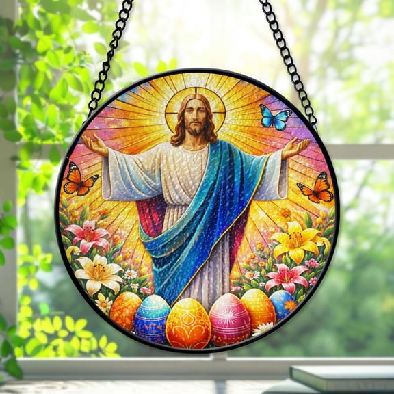 Jesus Resurrection Glass Suncatcher, Easter Christian Window Hanging Butterflies Eggs, 3.5 in