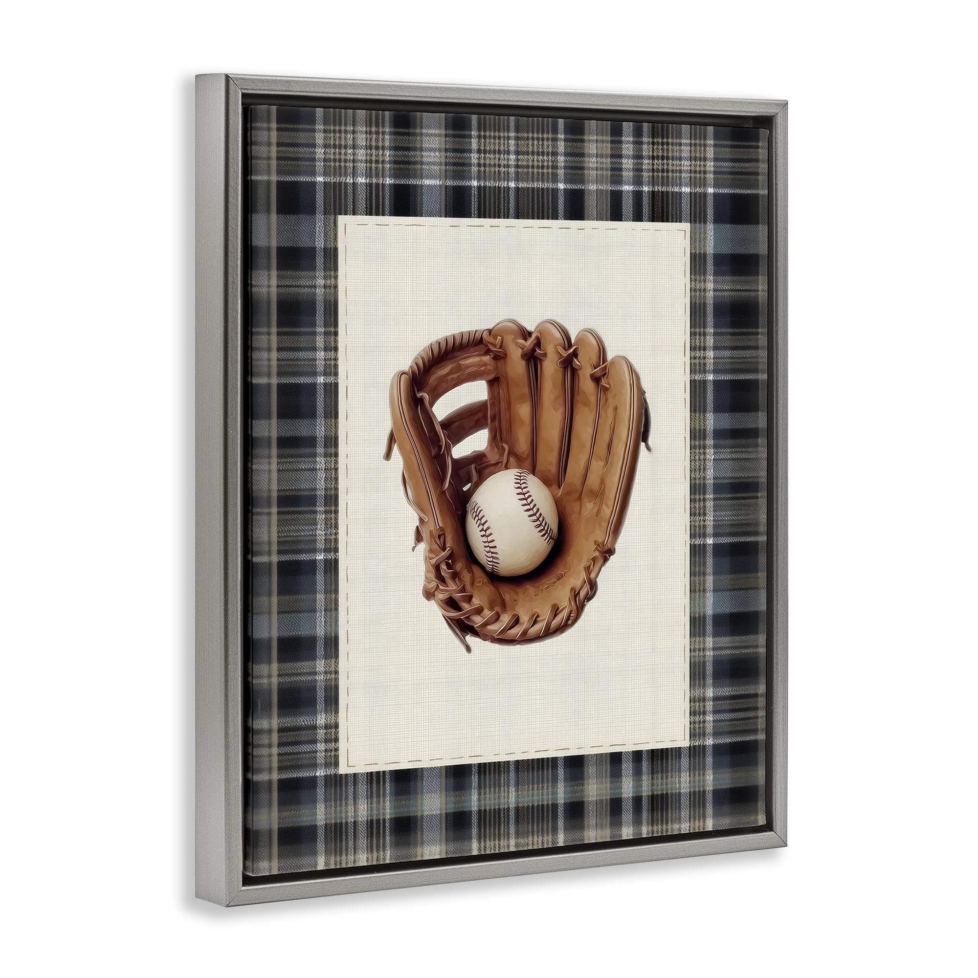 Stupell Industries Baseball Glove with Plaid Gray Framed Floater Canvas Wall Art, design by Arlington Prints