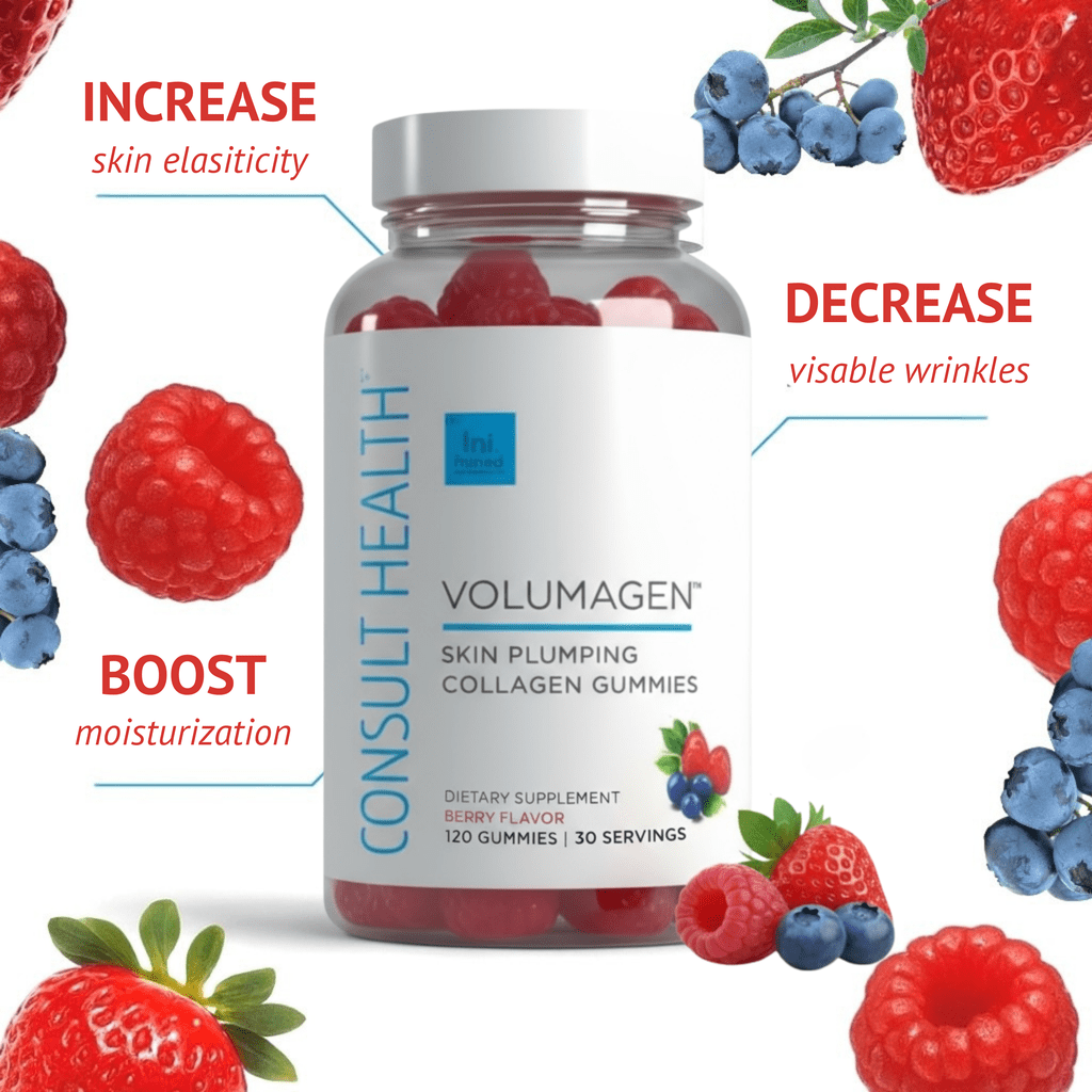 Consult Health VOLUMAGEN Skin Plumping Collagen Gummies with Verisol Bioactive Collagen Peptides, Biotin, Decrease Wrinkles, Increase Skin Elasticity, Natural Berry Flavor,120 Count