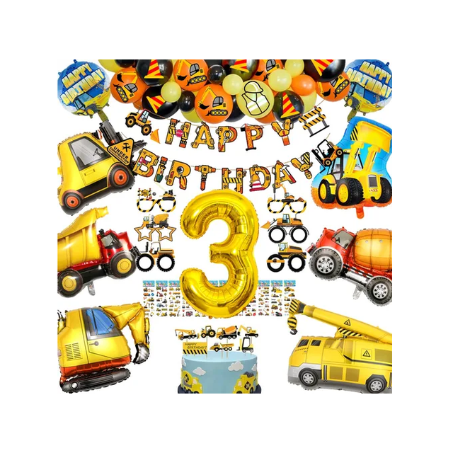 kit globos decoracion para fiesta vehículo de construcción xtellar amarillo guirnalda 'HAPPY BIRTHDAY' frontal, gran globo foil número 3 dorado al centro, seis globos foil con excavadora, volquete, grúa y mezcladora en amarillo, 30 globos de látex amarillo/negro/naranja en arco superior, dos globos redondos foil 'Happy Birthday', banderines y pegatinas temáticas, textura brillante de foil sobre fondo blanco. Ideal para fiestas infantiles, baby showers y como telón de fotos.