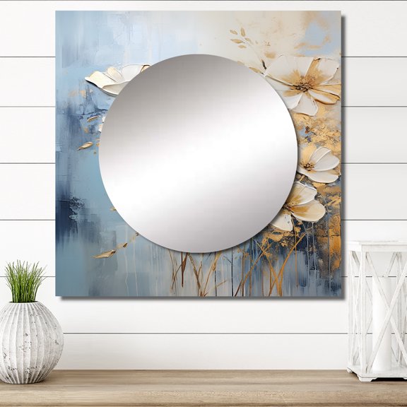 Designart "Botanical Delights Of Wildflowers I" Wildflowers Square Mirror Wall Decor Traditional - Large Beige Square Bathroom Mirror - Square Printed Wall Mirror Art