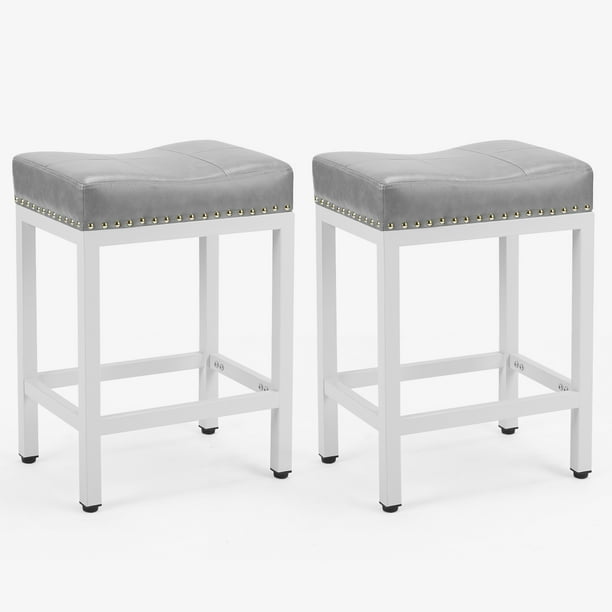 edx Bar Stools Set of 2, Modern Counter Height, 24 Inch Kitchen Barstools with Metal Base, PU Leather Saddle Seats for Kitchen Island, Gray edx Bar Stools Set of 2, Modern Counter Height, 24 Inch Kitchen Barstools with Metal Base, PU Leather Saddle Seats for Kitchen Island, Gray - Image 3