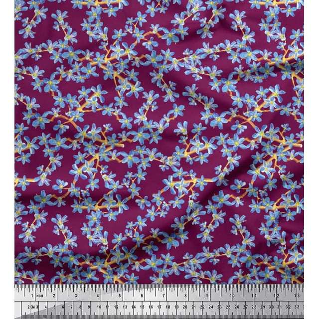 Soimoi Pink Heavy Satin Fabric Forget Me Not Bush Floral Print Sewing Fabric 1 Yard 56 Inch Wide