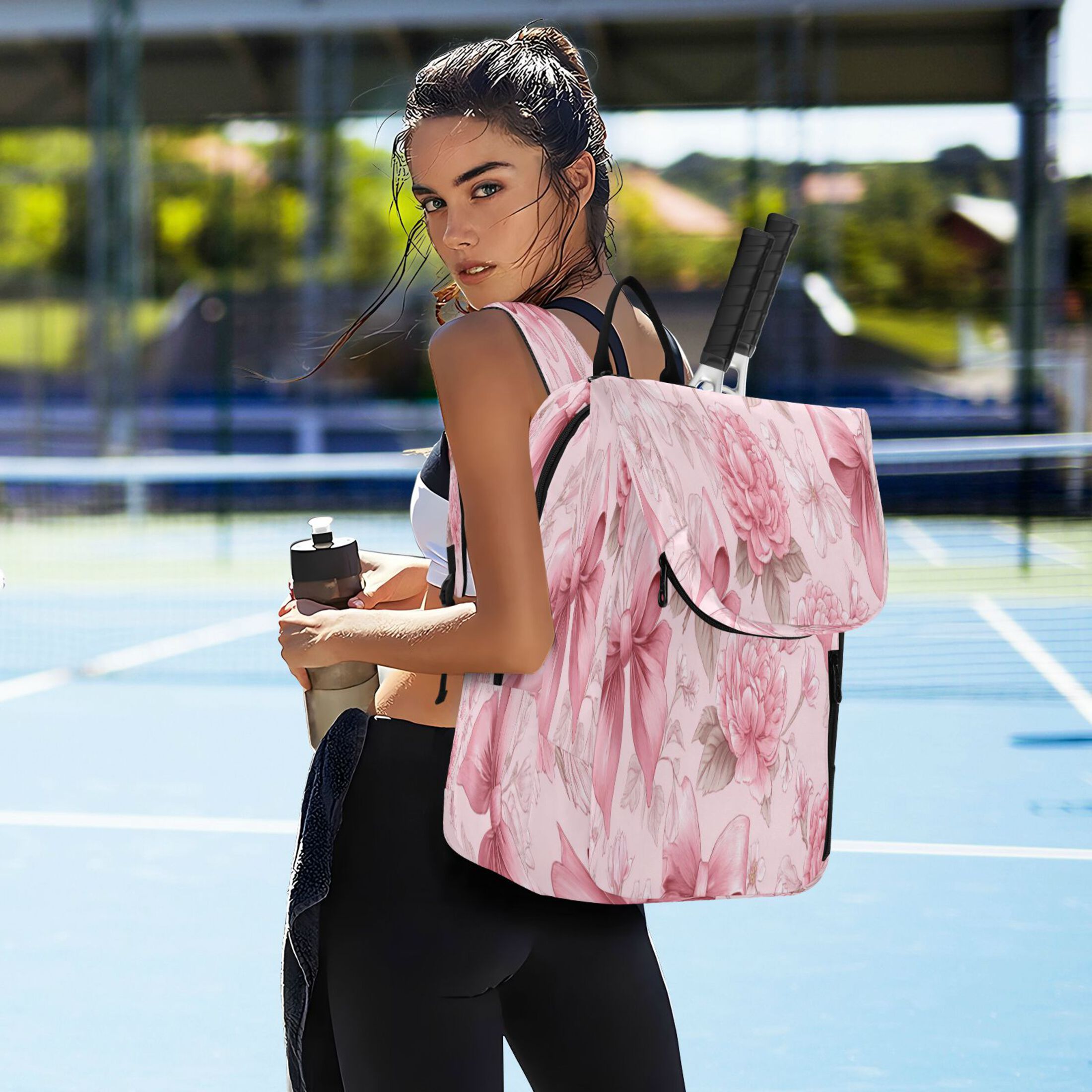 2 Racquet Holder Tennis Backpack Tennis Racket Covers Gym Bags Pink Bows and Peony Flowers