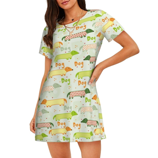 Fotbe Dachshund Dog Puppy Bata de Dormir para Mujer con Estampado, Camisón de Algodón de Manga Corta, Ropa de Dormir Casual