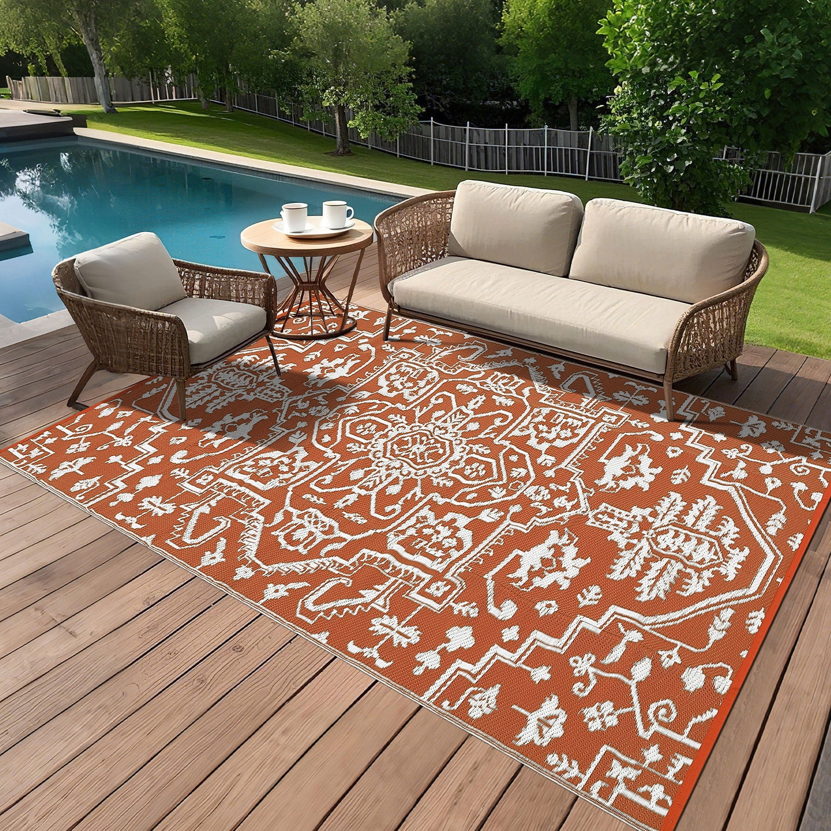 FairOnly 9'x12'Vintage Reversible Outdoor Area Rug Stain Resistant Carprt for Beach Picnic