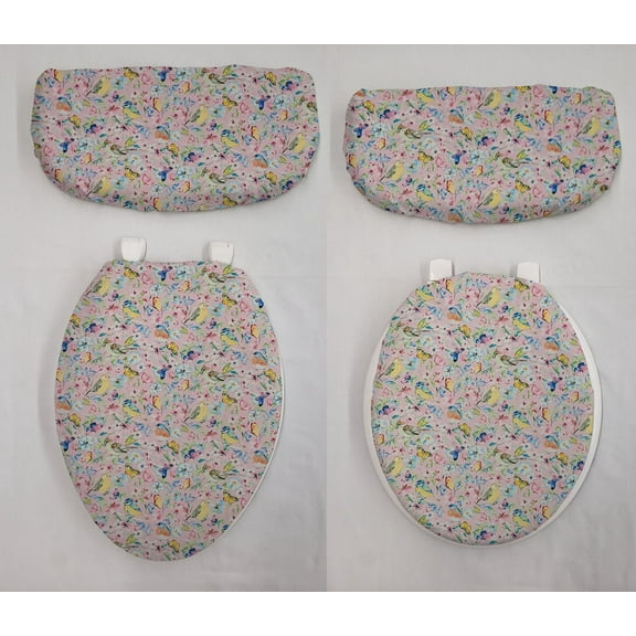 Birds & Butterflies in Blooms Toilet Seat Lid and Tank Cover Set by Penny's Needful Things (Light Pink)