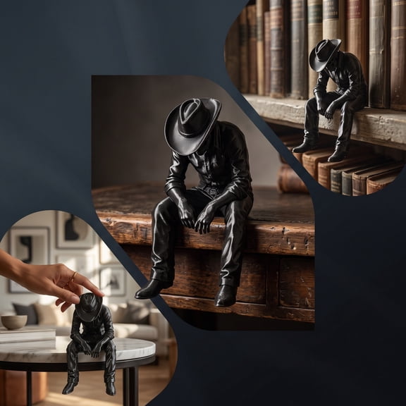 Sitting Cowboy Figurine with 3D Printed Dark Style Design, Western Cowboy Sculpture Tabletop Decor for Desk and Bookshelf, Decorative Statue for Home