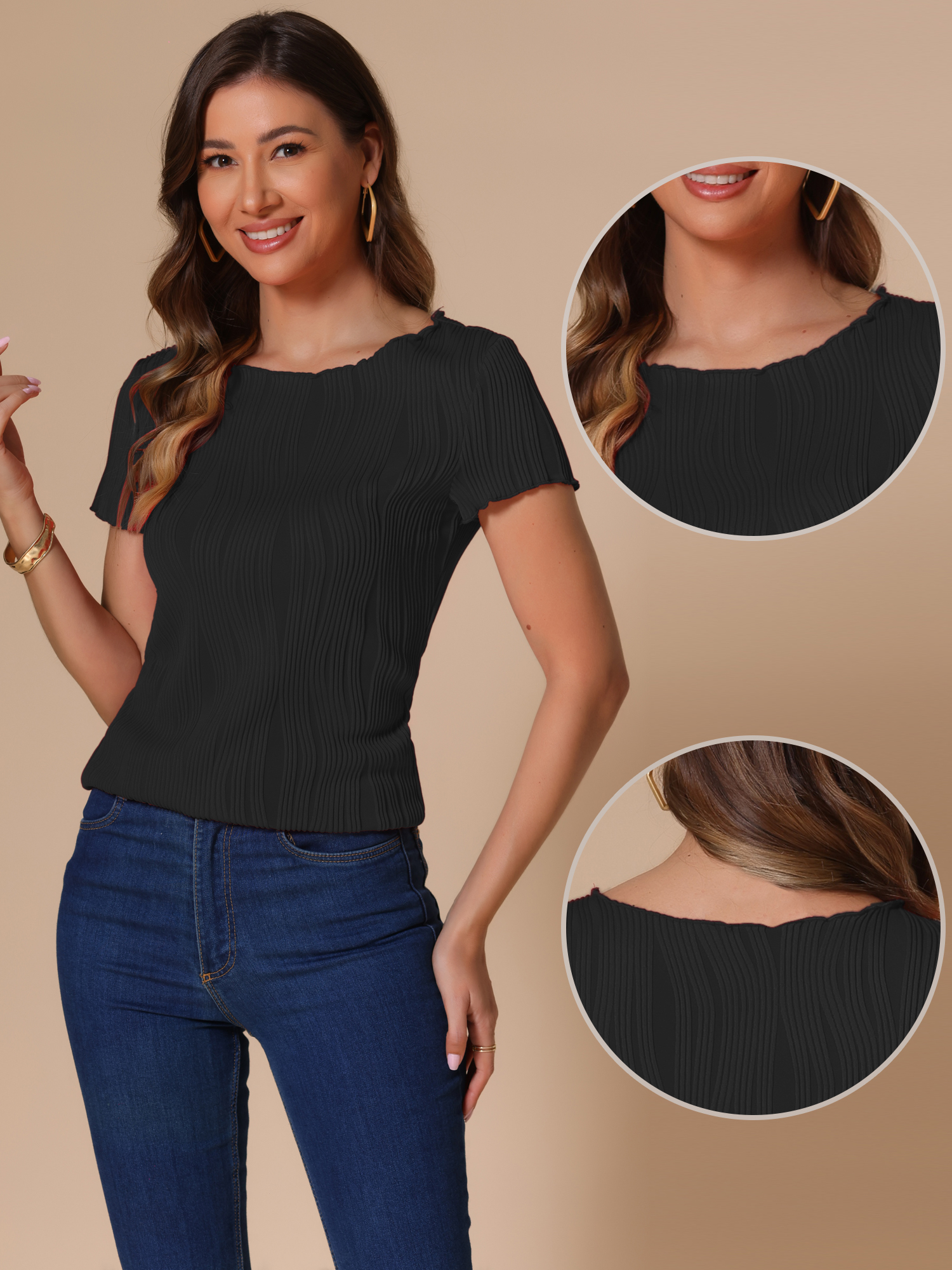 DARING DIVA Women's Crew Neck Knit Short Sleeve Textured Blouse M Black