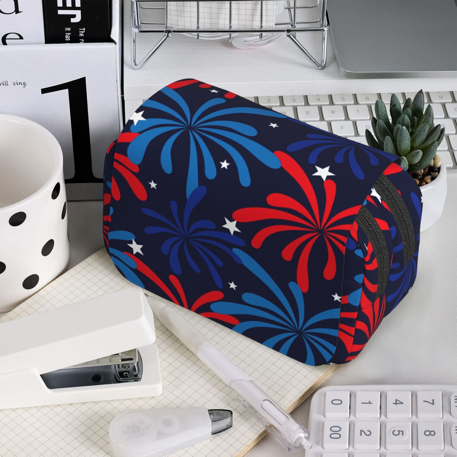 Rateoe Red White Blue Fireworks Pattern Double Clamshell Pen Case, Storage Organizer with Two Zipper Compartments– Holds Up to 50 Pencils & Pens