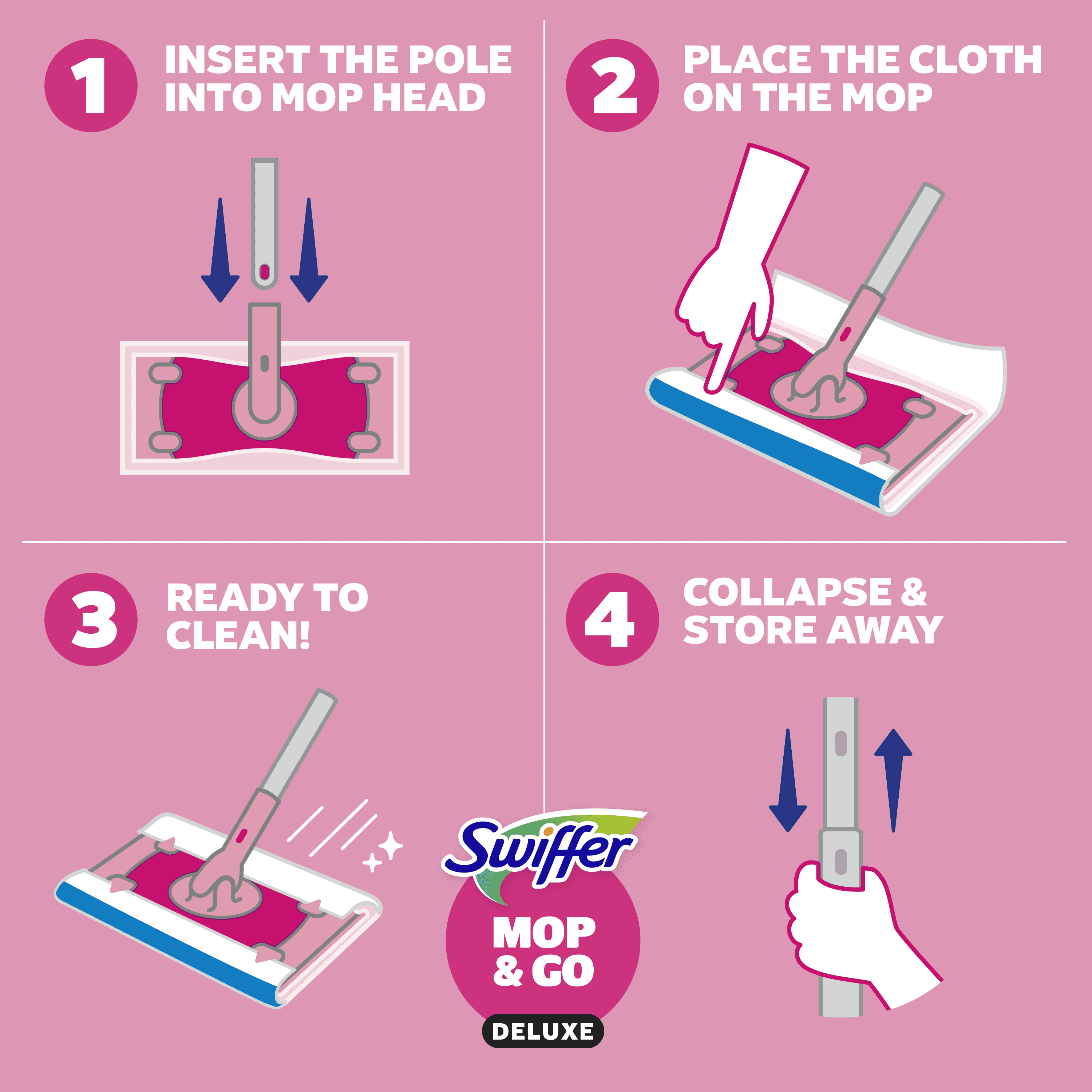 (6 pack) Swiffer Pink Limited Edition Mop & Go Deluxe, 2-in-1 Floor Mopping and Sweeping Kit, 1 Device, 6 Mop Refills, 2 Sweep Refills