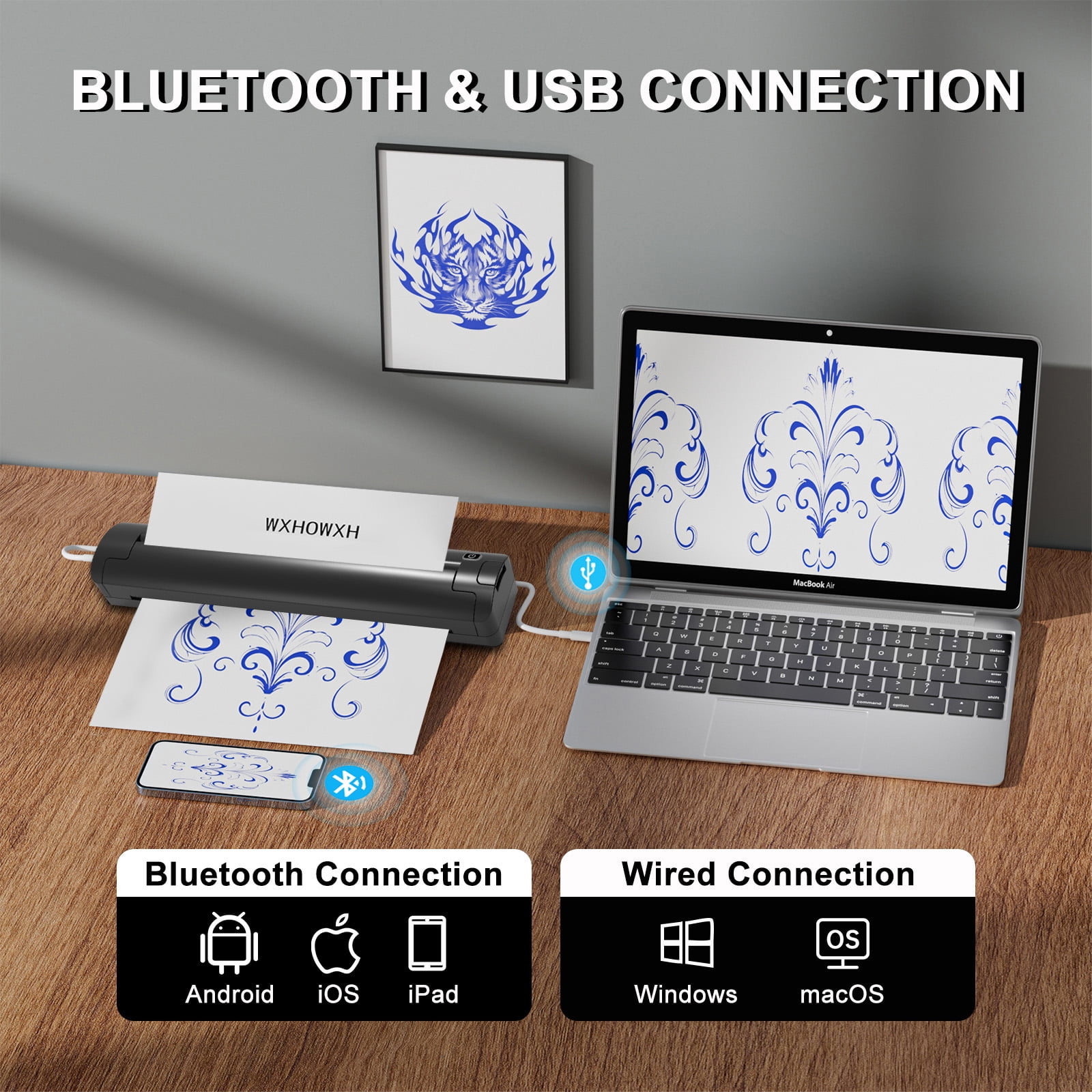 DODOXCX T11 Wireless Thermal Printer for Travel – Inkless Bluetooth Mini Printer for Android/iOS/PC, Supports US Letter & A4, Portable Home Printer (with 3Pcs Tattoo Paper & 8 Folded Thermal Paper)