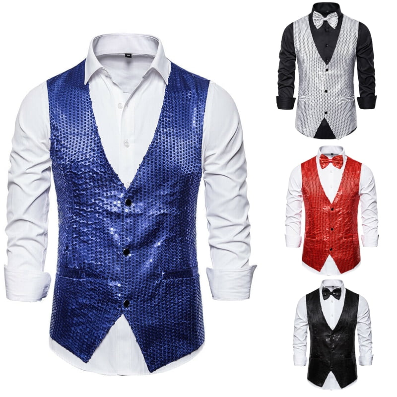 Men Stylish Suit Blazer Deep V-neck Solid Color Sequins Slim Vest ...