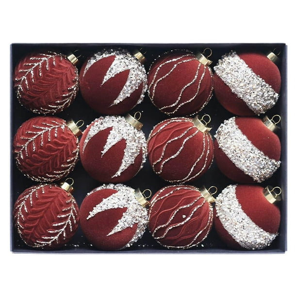12 Pcs Velvet Christmas Balls Flocked Christmas Tree Ornaments Plastic Balls Xmas Decorative Hanging Ornaments Christmas Tree Decoration