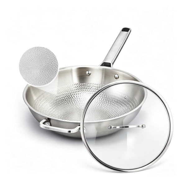 Ktaxon 12 Inch Titanium Stainless Steel Wok Pan with Lid, Tri-Ply Nonstick Stir Fry Pan, Induction Oven Safe