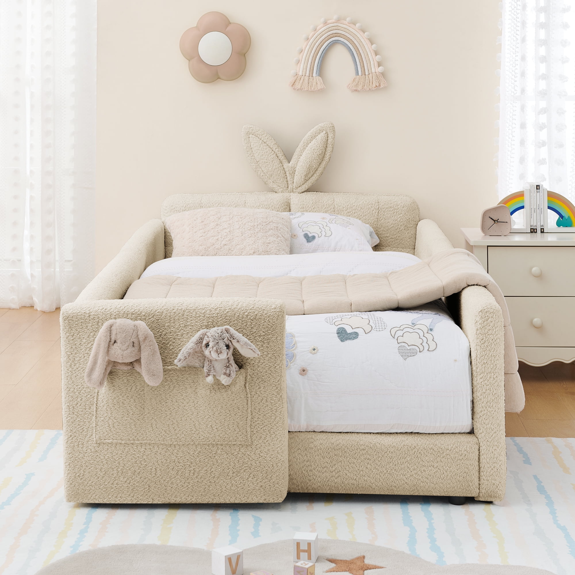T-Joy Cute Kids Bed with Rail and Pocket, Boucle Wooden Platform Bed with Rabbit Ear, Twin Size, Camel