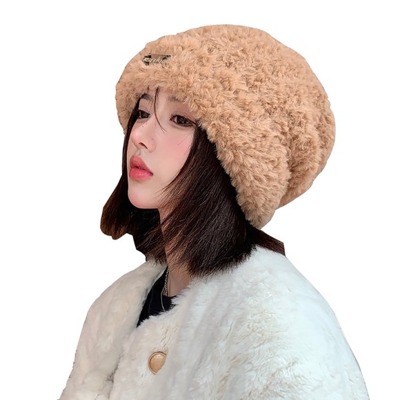 Opvise Letter Logo Brimless Solid Color Winter Hat Women Fashion Autumn Winter Warm Plush Beanie Hat Costume Accessories Milky White 2