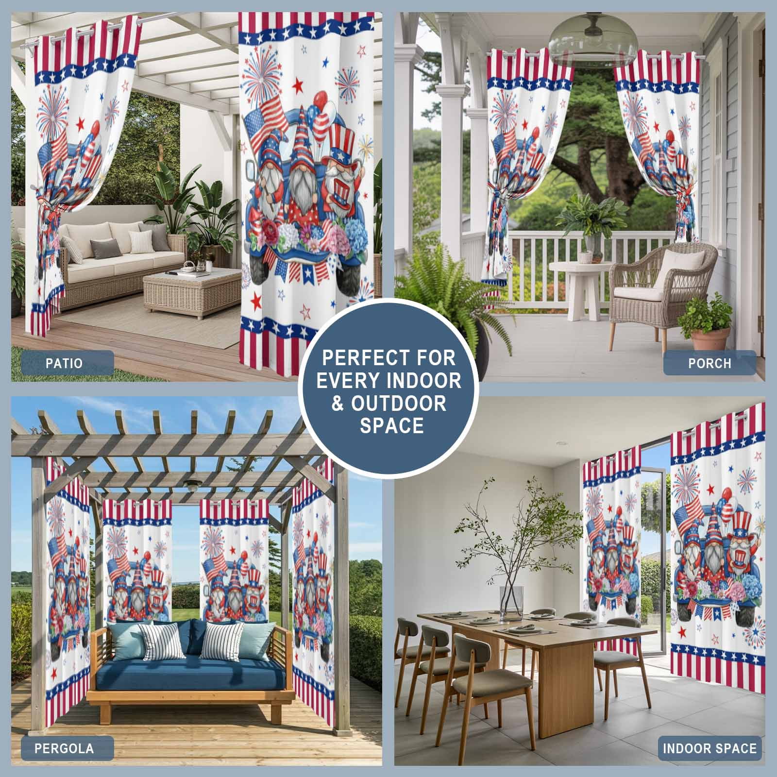 US Anniversary Outdoor Curtains for Patio, Independence Day Gnomes Blue Truck Sunshade Privacy Drapes Grommet Waterproof Outside Curtains for Porch/Cabana/Balcony 54"x 108", 1 Panel