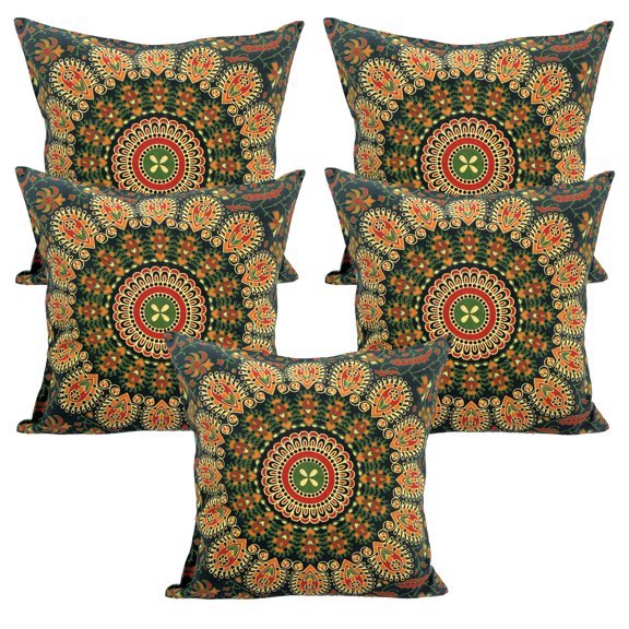 Stylo Culture Ethnic Couch Throw Pillow Covers 16 x 16 Peacock Eye Printed Dark Green Traditional 40cm x 40cm Home Decor Cotton Mandala Square Cushion Covers | Set Of 5
