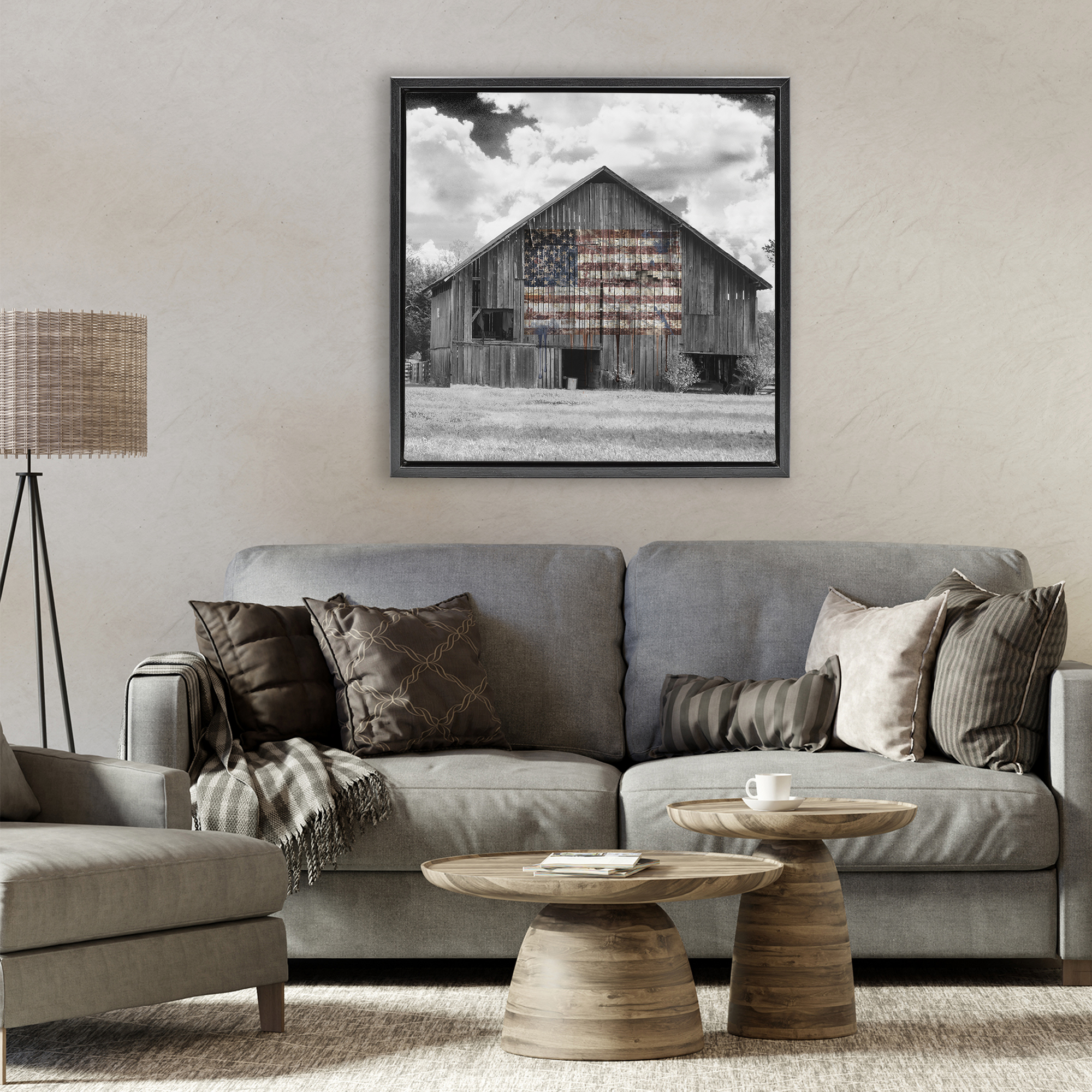 USA Flag Monochrome Barn Black Framed Floater Canvas Wall Art, design by Decent Exposures