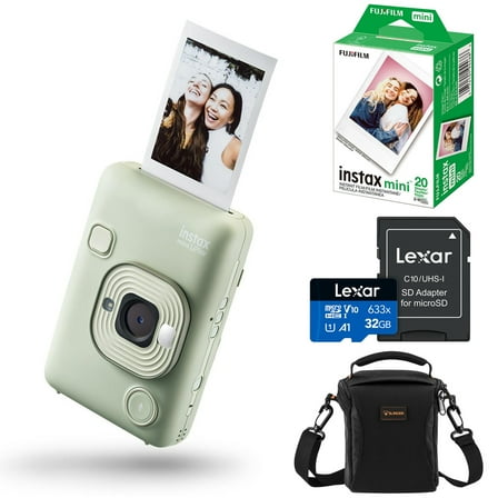 Fujifilm Instax Mini LiPlay Hybrid Instant Camera, Matcha Green, Bundle with 20 Exposures Film Pack, 32GB UHS-I microSDHC Memory Card and Shoulder Bag