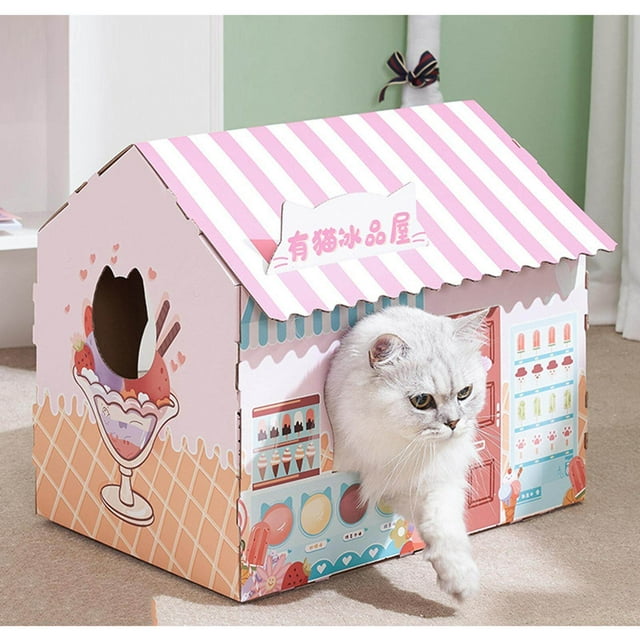 pitrice Corrugated Cardboard Cat House with Scratching Pad for Training Toy Cats Green