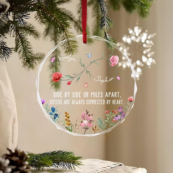 Personalized Wildflower Sister Glass Ornament, Custom Birth Month Keepsake, Floral Sisters Hanging Decoration