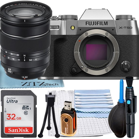 FUJIFILM X-T50 Appareil Photo Sans Miroir (Argent) avec Objectif XF 16-80mm + Carte Mémoire SanDisk 128 Go + Ensemble d'Accessoires ZeeTech