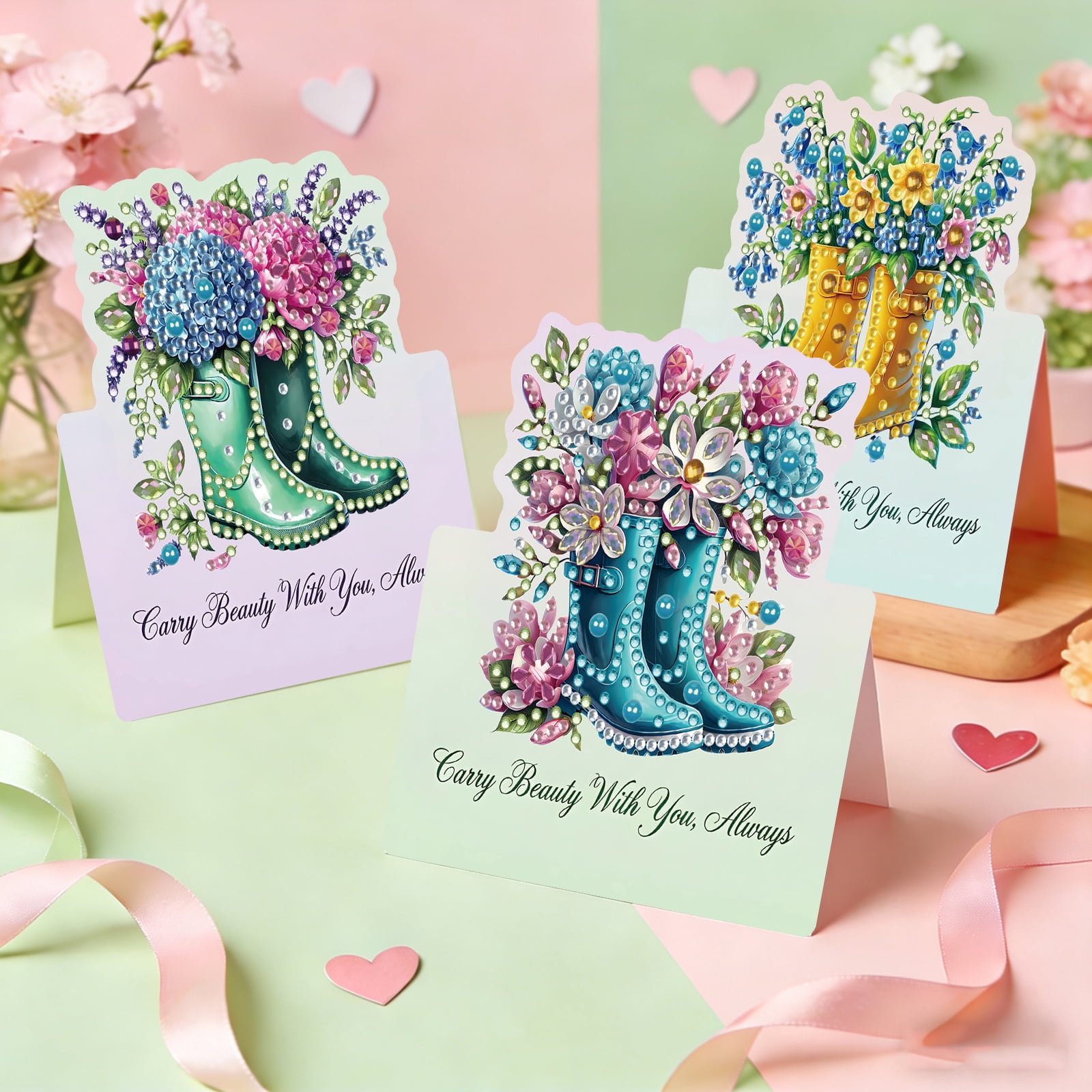 FLOPESN 6Pcs DIY Diamond Art Greeting Cards Set, Spring Flower 3D Folding Thank You Card For Birthday Holiday Blessing Gift(included envelopes)