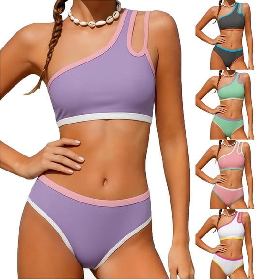 NAFUU Girls Swimsuit 2 Piece Bikini Sets One-Shoulder Bathing Suit Girls Color Block Bikini Swimsuit Kids Summer Swimwear Beach Swimming Suits 11-12 Years