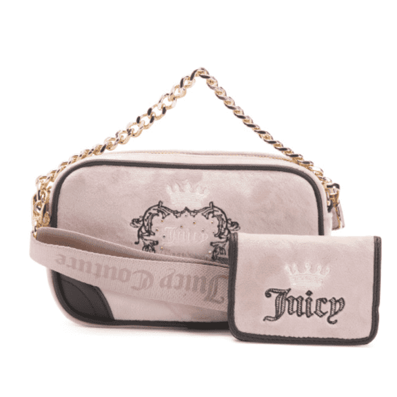Juicy Couture Heritage Slim Camera Bag with Gold Chain Strap & Matching Envelope CC Wallet – Dusty Blush