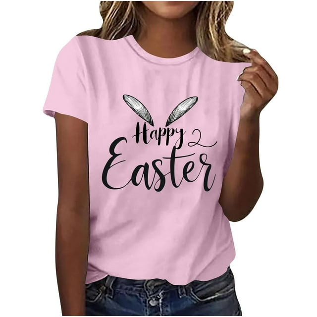 Mujeres de Manga Corta Tops Casual Nuevo Cuello Redondo Pascua, Ligera Camiseta de Poliéster Spandex