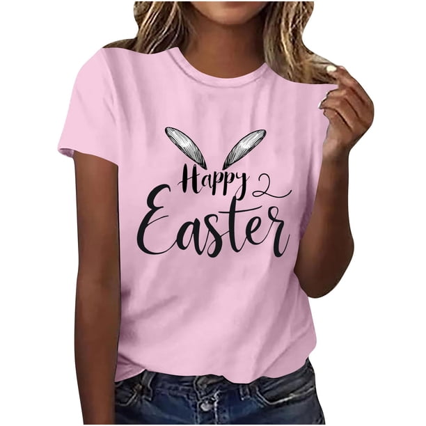 Mujeres de Manga Corta Tops Casual Nuevo Cuello Redondo Pascua, Ligera Camiseta de Poliéster Spandex