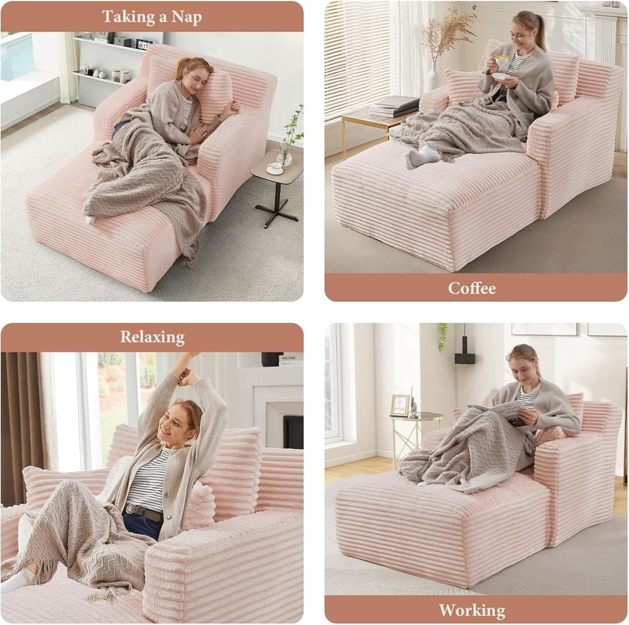Indoor Single Chaise Lounge Sofa Chair, Modern Corduroy Upholstery Sleeper Bed Lounger Sofa Chair for Living Room,Office,Apartment, 39.4''x65.4''