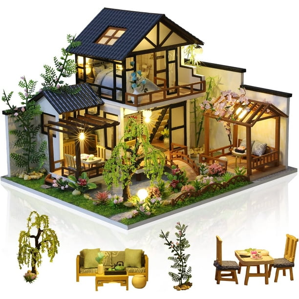 Kit de casa de muñecas en miniatura, kit de casa pequeña con música, kit de casa en miniatura escala 1:24, gran regalo artesanal hecho a mano para cumpleaños, Navidad, casa tradicional con patio