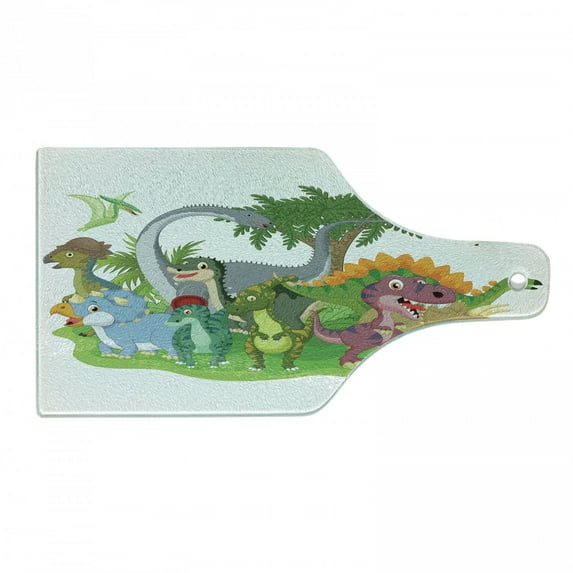 Jurassic Cutting Board, Cartoon Group Dinosaur Friendship Humor Colorful Happy Smile Creative Jurassic Fun, Tempered Glass Cutting and Serving Board, Wine Bottle Shape, Multicolor, by Ambesonne