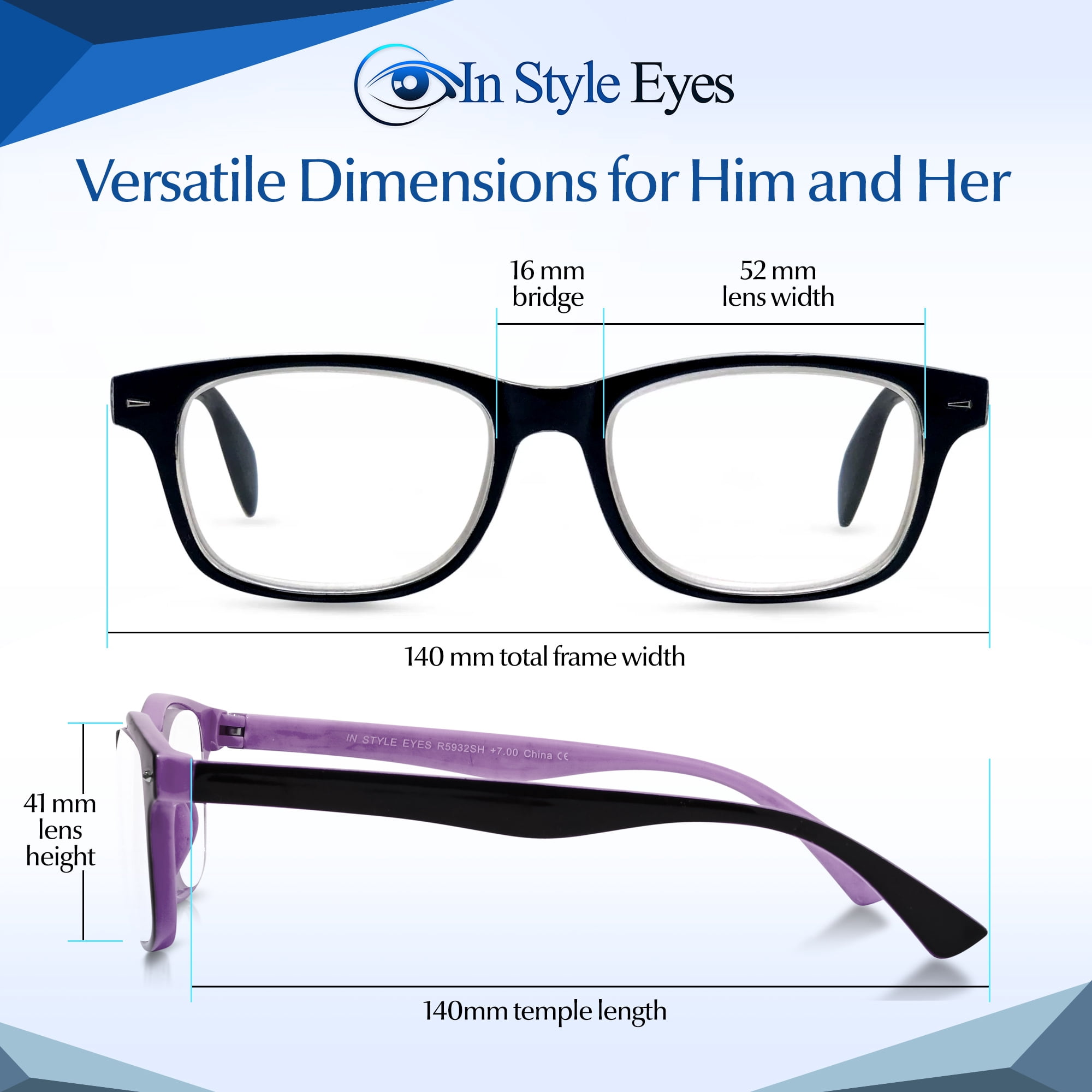 In Style Eyes Powerful High Magnification Men's Reading Glasses, Portable, Single Vision, Plastic, Classic, 1 Pair, Clear Tint, Purple 5.5x