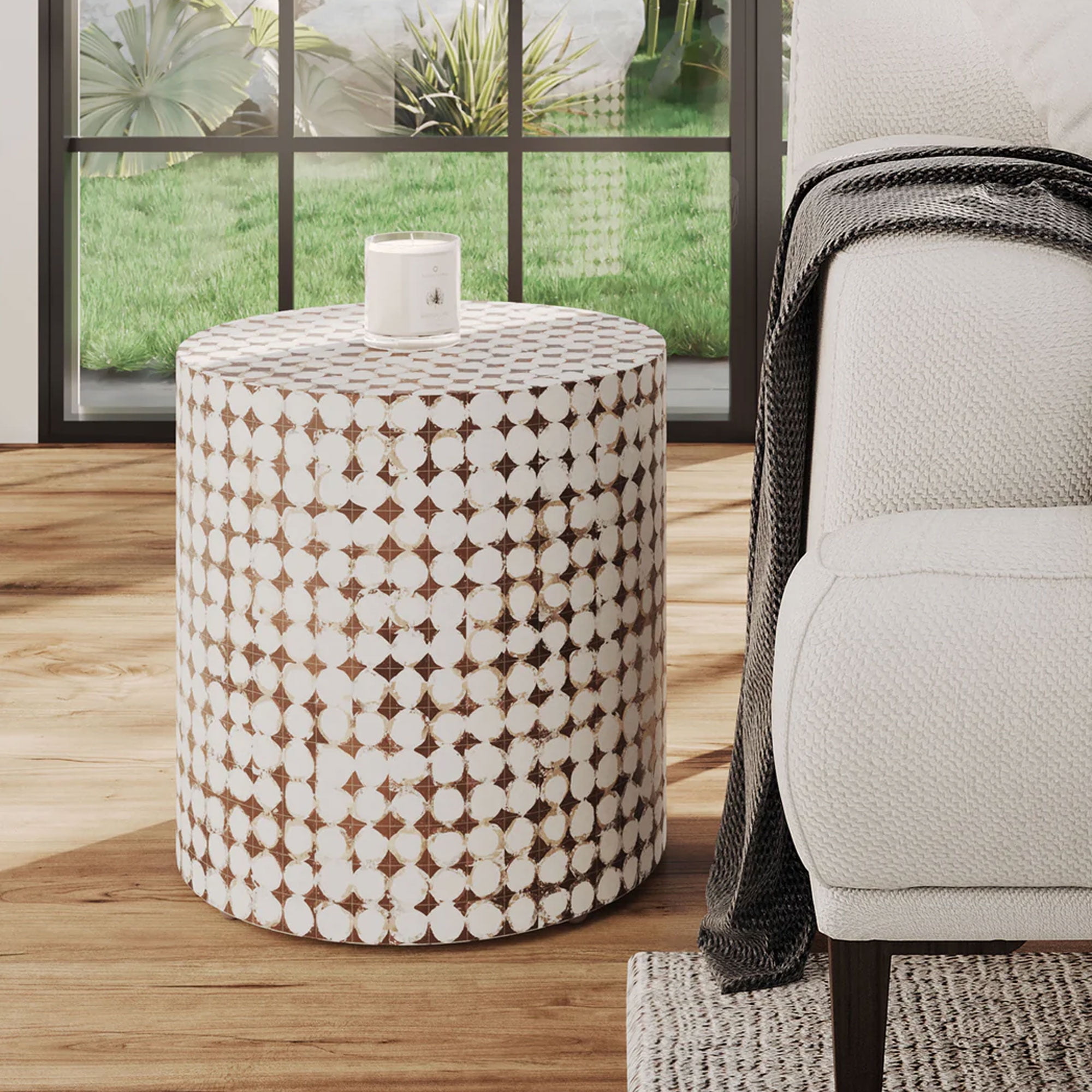 Juliette Round White Handmade Coconut Shell Accent Table by East at