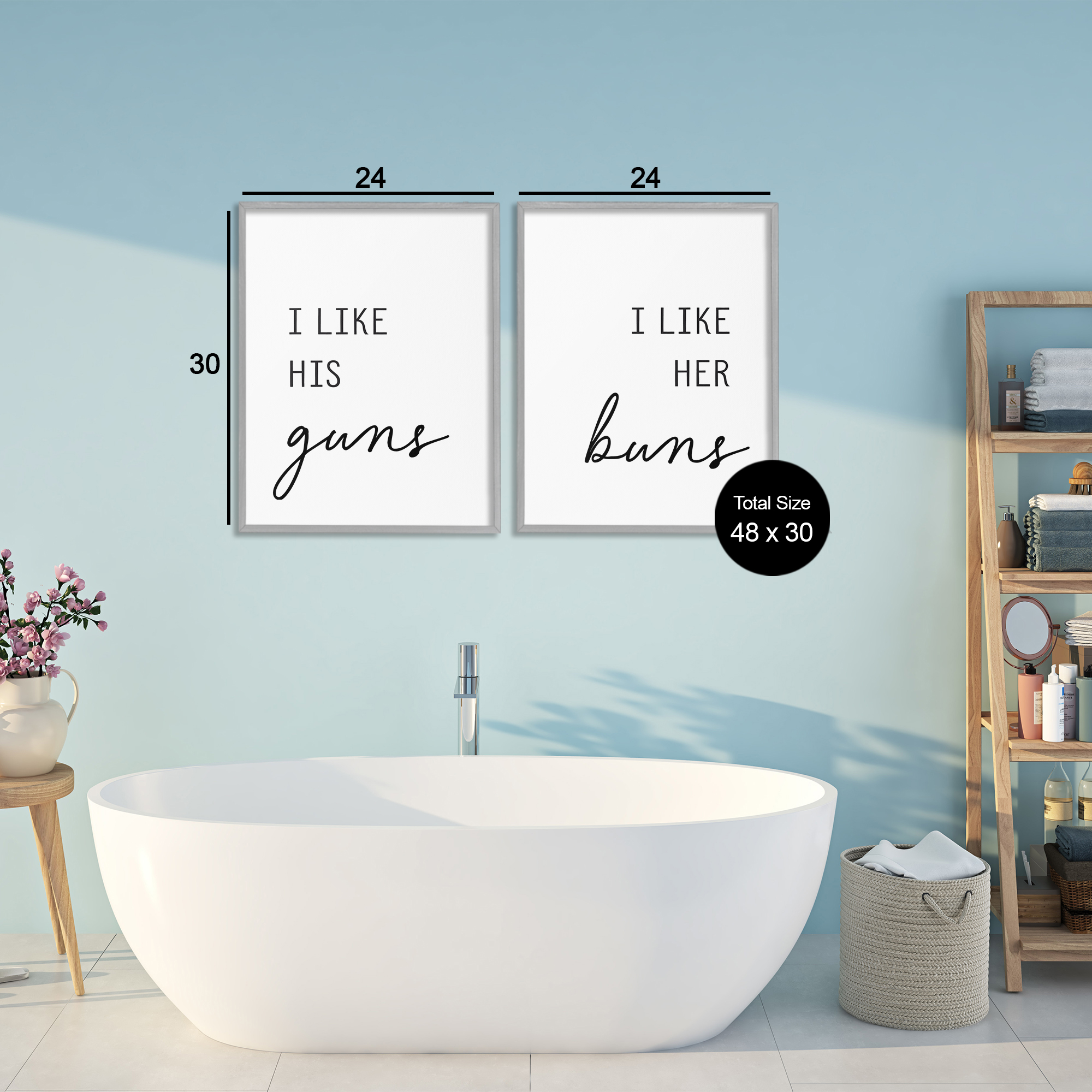 Like His Guns & Her Buns 2 Piece Gray Framed Giclee Art Set, design by Lettered and Lined