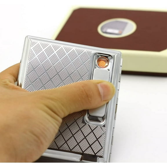 Metal Silver Cigarette Case With USB Lighter Rechargeable Windproof Electric Lighters Cigarette Accessories for Men Holds 16 cigarettes
