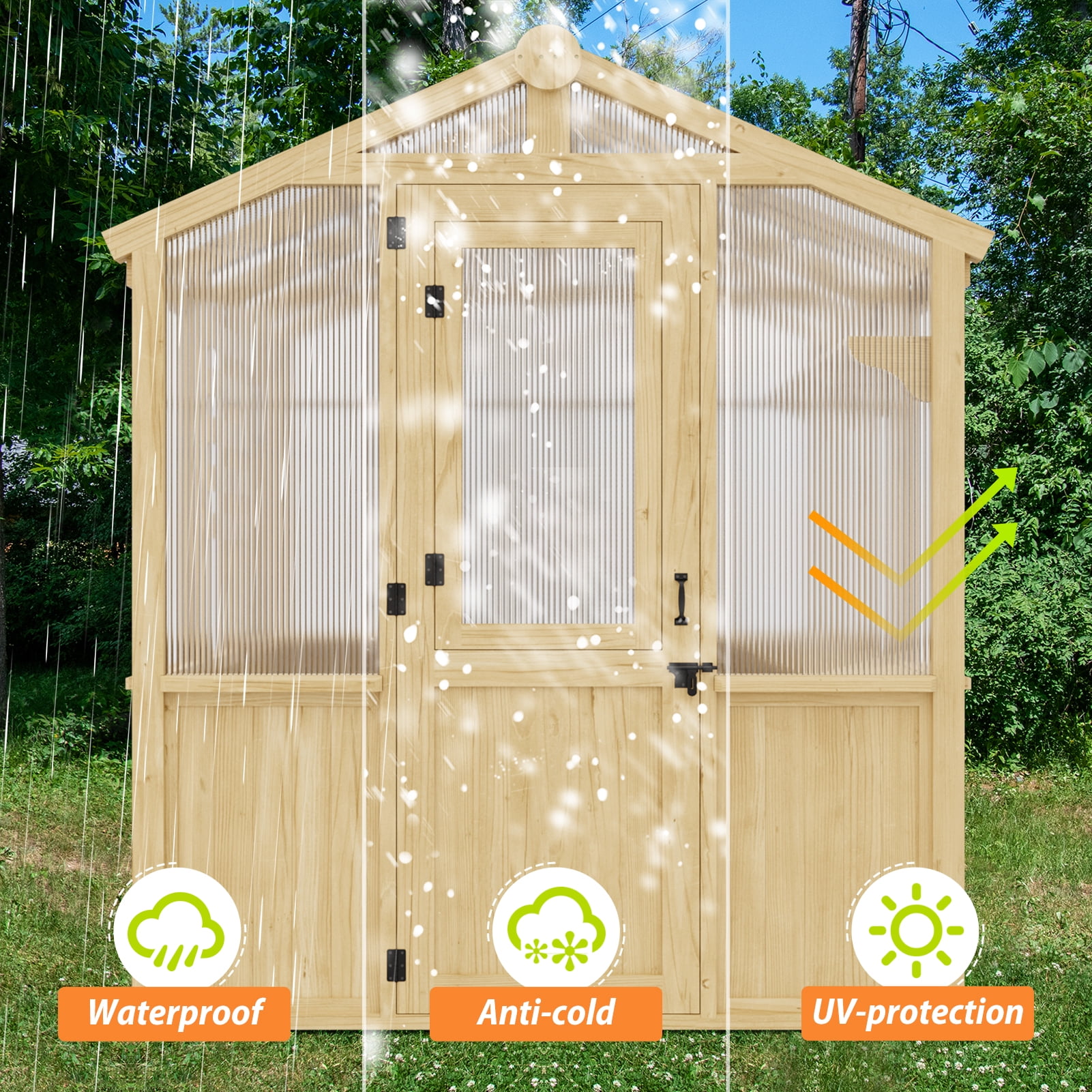 EAGLE PEAK 7.5x6.7x7.7 ft Wood and Polycarbonate Walk-in Greenhouse, Cedar Framed Hobby Greenhouse with Roof Vent, Natural