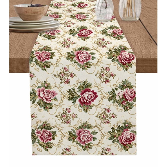 Vintage Pink Flowers Table Runner Cotton Linen 90 Inch Holiday Dresser Scarves, Farm Countryside Summer Floral Tablerunner for Kitchen Coffee Dining Bedroom Living Room Dinner Scarf Décor 13''x90''