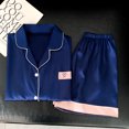 thumbnail image 3 of Women Ice Silk Pajama Set - Solid Color 3/4 Sleeve Top & Shorts Spring Summer Loungewear, 3 of 6