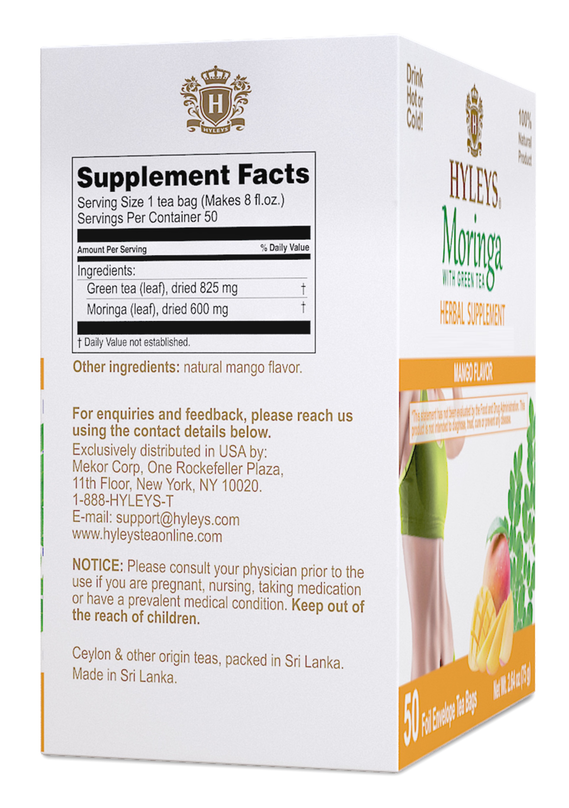 Hyleys Moringa Leaves Green Tea Bags - 50 Ct- 300 Tea Bags (6 Pack) - Mango Tea Flavor